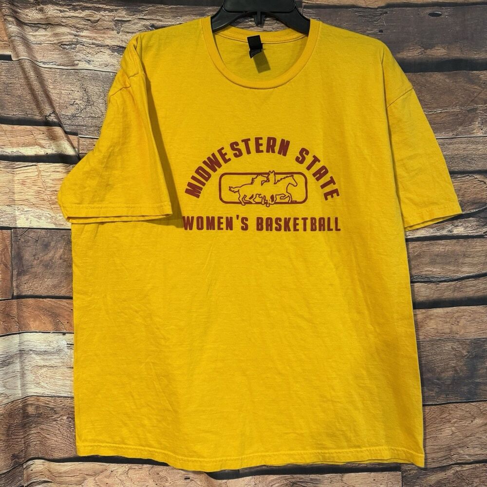 Midwestern State Mustangs T Shirt XL Yellow College Womens Basketball Gildan Tee